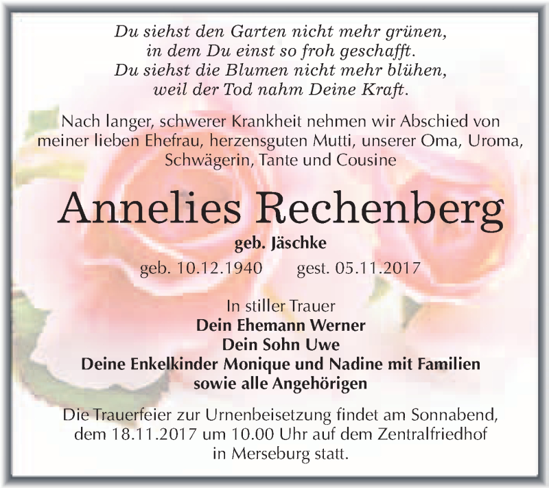  Traueranzeige für Annelies Rechenberg vom 11.11.2017 aus WVG - Wochenspiegel Merseburg