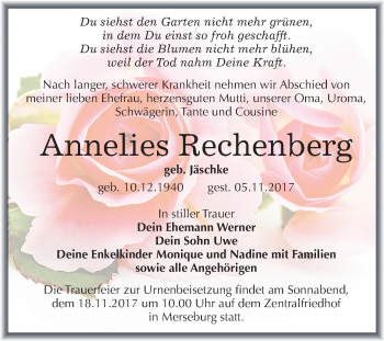 Traueranzeige von Annelies Rechenberg von Mitteldeutsche Zeitung