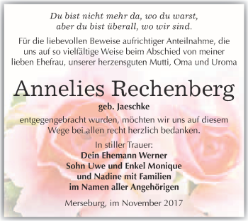 Traueranzeige von Annelies Rechenberg von Super Sonntag Merseburg