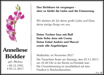 Traueranzeige von Anneliese Bödder von Mitteldeutsche Zeitung Weißenfels