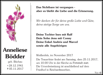 Traueranzeige von Anneliese Bödder von WVG - Wochenspiegel NMB / WSF / ZTZ