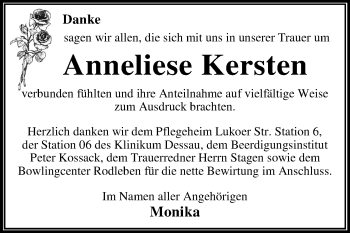 Traueranzeige von Anneliese Kersten von Mitteldeutsche Zeitung Dessau-Roßlau