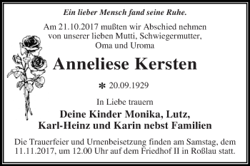 Traueranzeige von Anneliese Kersten von WVG - Wochenspiegel Dessau / Köthen