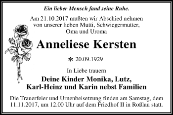 Traueranzeige von Anneliese Kersten von Mitteldeutsche Zeitung Dessau-Roßlau