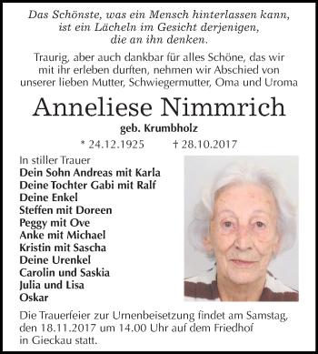 Traueranzeige von Anneliese Nimmrich von Mitteldeutsche Zeitung