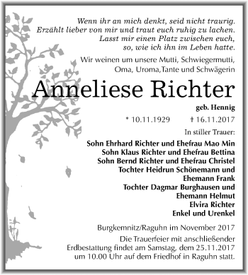 Traueranzeige von Anneliese Richter von Mitteldeutsche Zeitung Bitterfeld