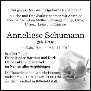 Traueranzeige von Anneliese Schumann von Mitteldeutsche Zeitung Halle/Saalkreis