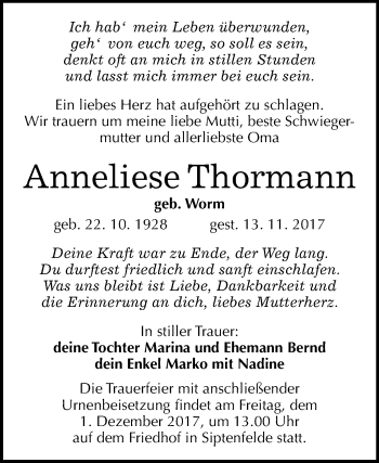 Traueranzeige von Anneliese Thormann von WVG - Wochenspiegel Quedlinburg