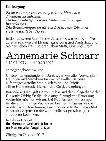 Traueranzeige von Annemarie Schnarr von Mitteldeutsche Zeitung Bitterfeld