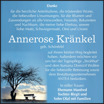 Traueranzeige von Annerose Kränkel von Mitteldeutsche Zeitung Bitterfeld