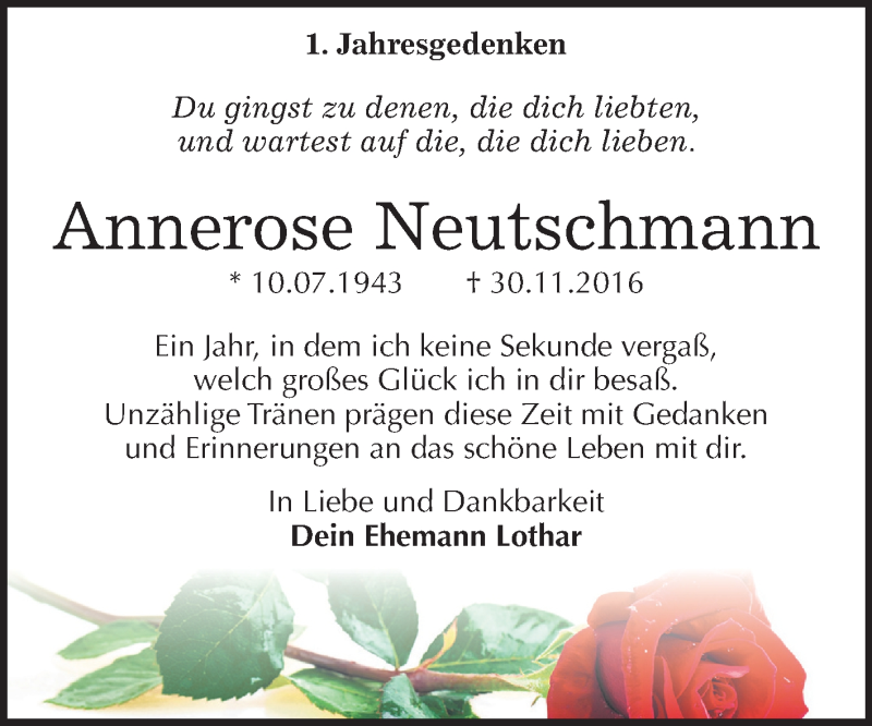  Traueranzeige für Annerose Neutschmann vom 30.11.2017 aus Mitteldeutsche Zeitung Halle/Saalkreis
