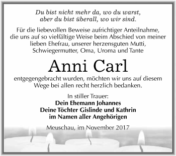 Traueranzeige von Anni Carl von WVG - Wochenspiegel Merseburg