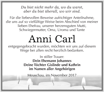Traueranzeige von Anni Carl von WVG - Wochenspiegel NMB / WSF / ZTZ
