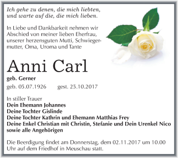 Traueranzeige von Anni Carl von Mitteldeutsche Zeitung Merseburg/Querfurt