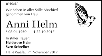 Traueranzeige von Anni Helm von Mitteldeutsche Zeitung Halle/Saalkreis