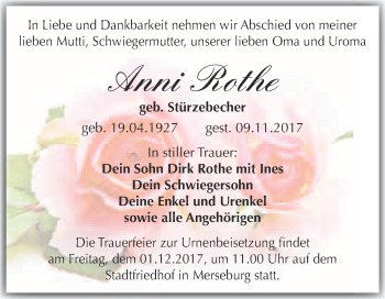 Traueranzeige von Anni Rothe von Super Sonntag Merseburg