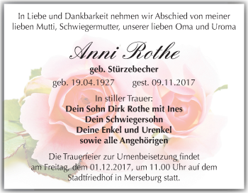 Traueranzeige von Anni Rothe von Mitteldeutsche Zeitung Merseburg/Querfurt