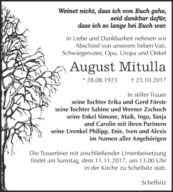 Traueranzeige von August Mitulla von WVG - Wochenspiegel NMB / WSF / ZTZ