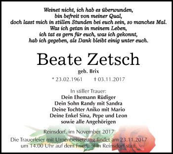 Traueranzeige von Beate Zetsch von WVG - Wochenspiegel Dessau / Köthen