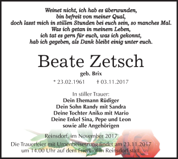 Traueranzeige von Beate Zetsch von Mitteldeutsche Zeitung Köthen