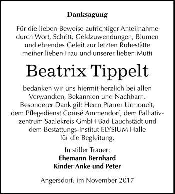Traueranzeige von Beatrix Tippelt von Mitteldeutsche Zeitung Halle/Saalkreis