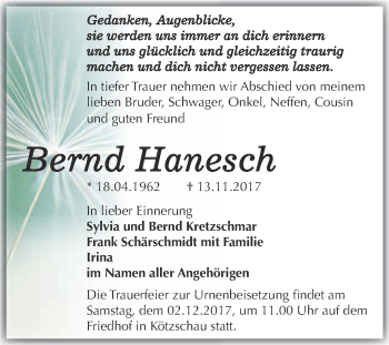Traueranzeige von Bernd Hanesch von Super Sonntag Merseburg
