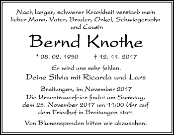 Traueranzeige von Bernd Knothe von Super Sonntag SGH Mansf. Land