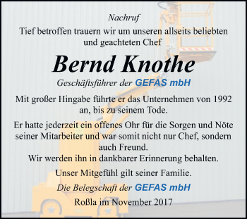 Traueranzeige von Bernd Knothe von Mitteldeutsche Zeitung Sangerhausen