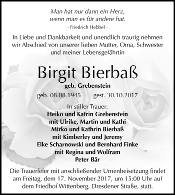 Traueranzeige von Birgit Bierbaß von Mitteldeutsche Zeitung