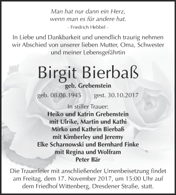 Traueranzeige von Birgit Bierbaß von WVG - Wochenspiegel Wittenberg