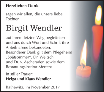 Traueranzeige von Birgit Wendler von Mitteldeutsche Zeitung