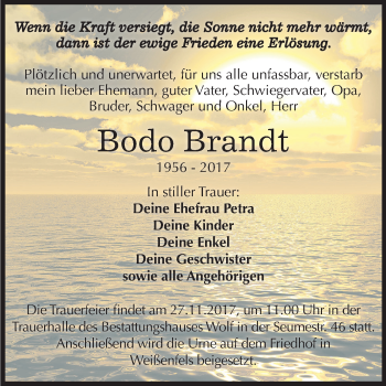 Traueranzeige von Bodo Brandt von Mitteldeutsche Zeitung Weißenfels