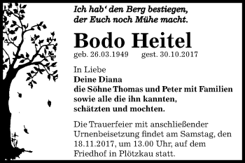 Traueranzeige von Bodo Heitel von Mitteldeutsche Zeitung Bernburg