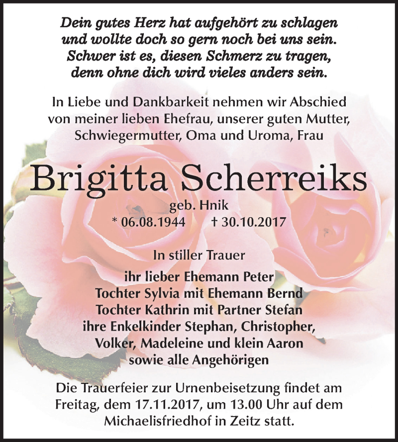  Traueranzeige für Brigitta Scherreiks vom 04.11.2017 aus Mitteldeutsche Zeitung Zeitz