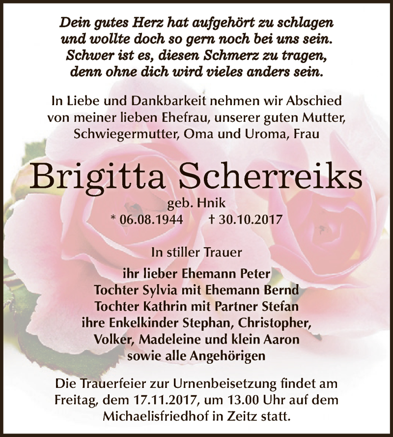  Traueranzeige für Brigitta Scherreiks vom 04.11.2017 aus Super Sonntag Zeitz
