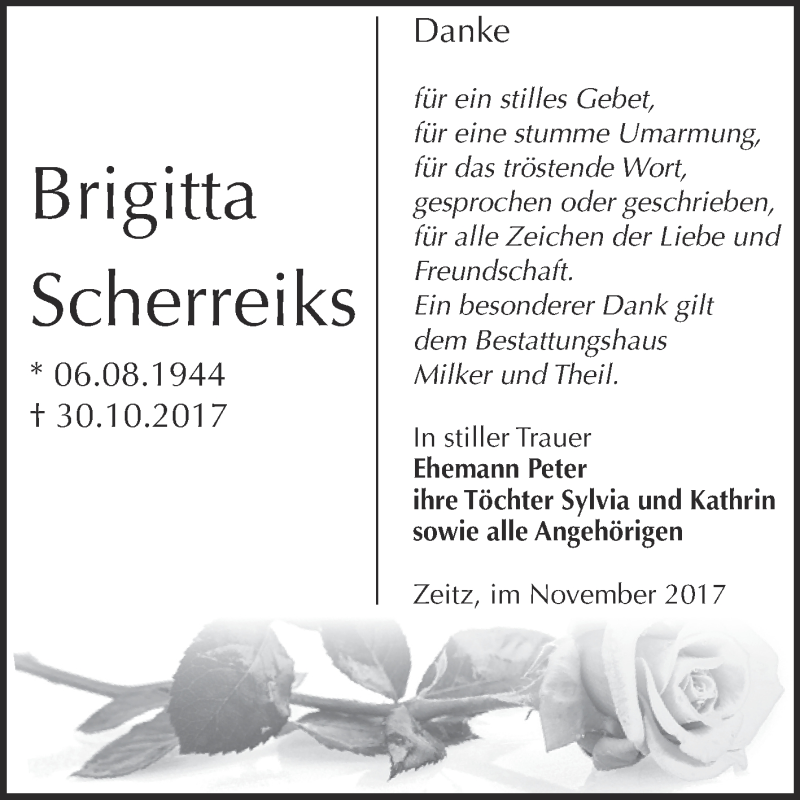 Traueranzeige für Brigitta Scherreiks vom 25.11.2017 aus Super Sonntag Zeitz