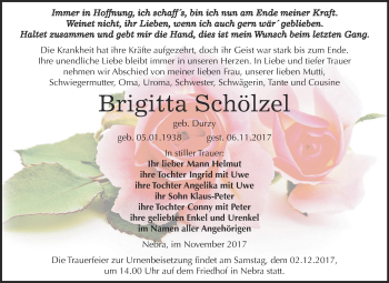 Traueranzeige von Brigitta Schölzel von WVG - Wochenspiegel NMB / WSF / ZTZ