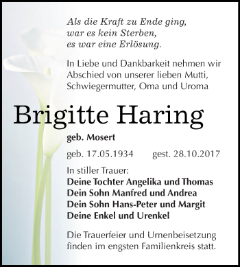 Traueranzeige von Brigitte Haring von WVG - Wochenspiegel Dessau / Köthen