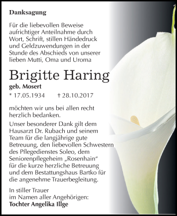 Traueranzeige von Brigitte Haring von WVG - Wochenspiegel Dessau / Köthen
