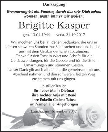 Traueranzeige von Brigitte Kasper von WVG - Wochenspiegel NMB / WSF / ZTZ