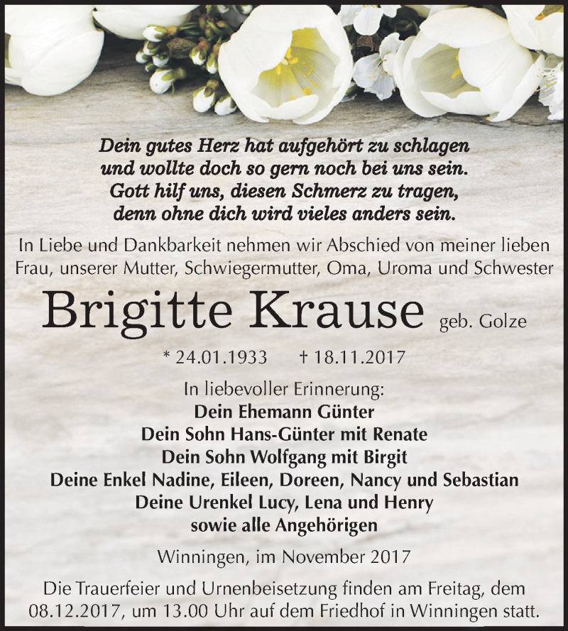  Traueranzeige für Brigitte Krause vom 23.11.2017 aus Mitteldeutsche Zeitung Aschersleben
