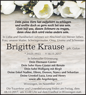 Traueranzeige von Brigitte Krause von Mitteldeutsche Zeitung Aschersleben
