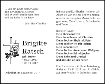 Traueranzeige von Brigitte Ratsch von WVG - Wochenspiegel Dessau / Köthen