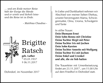 Traueranzeige von Brigitte Ratsch von Mitteldeutsche Zeitung