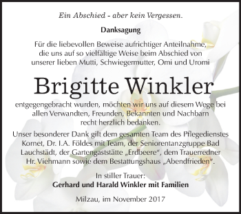 Traueranzeige von Brigitte Winkler von Mitteldeutsche Zeitung