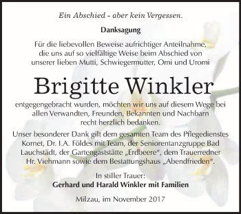 Traueranzeige von Brigitte Winkler von WVG - Wochenspiegel Merseburg
