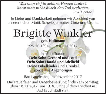 Traueranzeige von Brigitte Winkler von Mitteldeutsche Zeitung