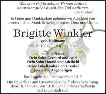 Traueranzeige von Brigitte Winkler von WVG - Wochenspiegel Merseburg