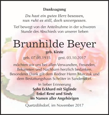 Traueranzeige von Brunhilde Beyer von WVG - Wochenspiegel Bitterfeld