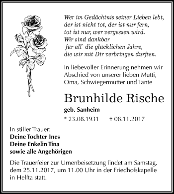 Traueranzeige von Brunhilde Rische von Mitteldeutsche Zeitung